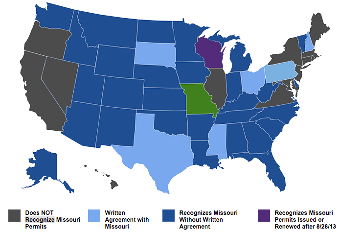 Map showing concealed carry reciprocity with Missouri
